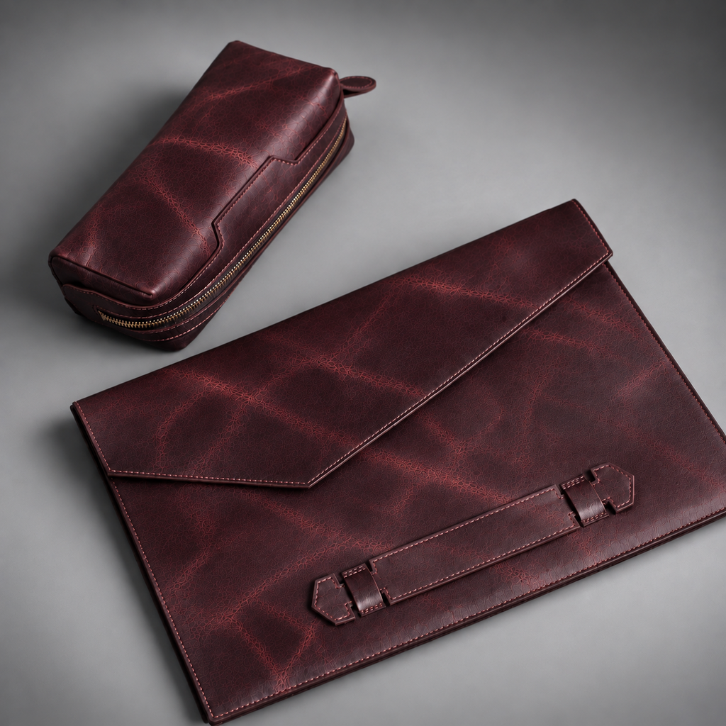 Burgundy leather laptop sleeve and matching zippered accessory pouch set