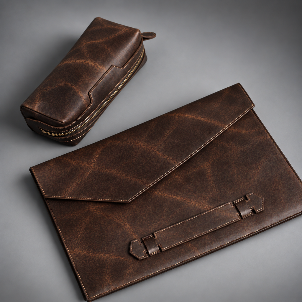 Dark brown leather laptop sleeve and matching zippered accessory pouch