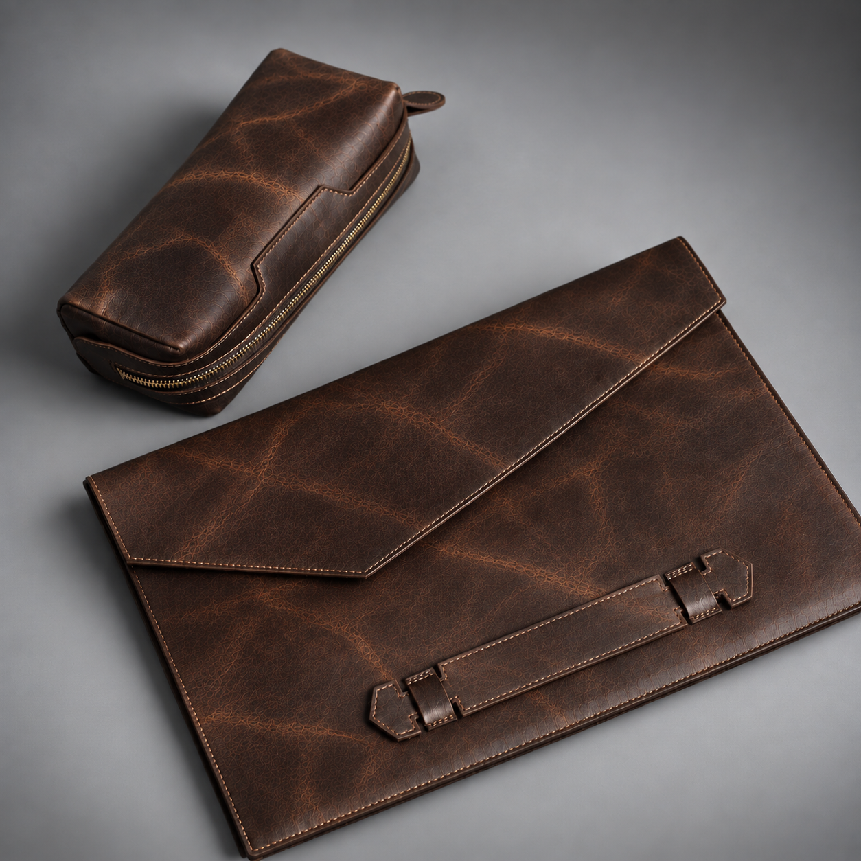 Dark brown leather laptop sleeve and matching zippered accessory pouch