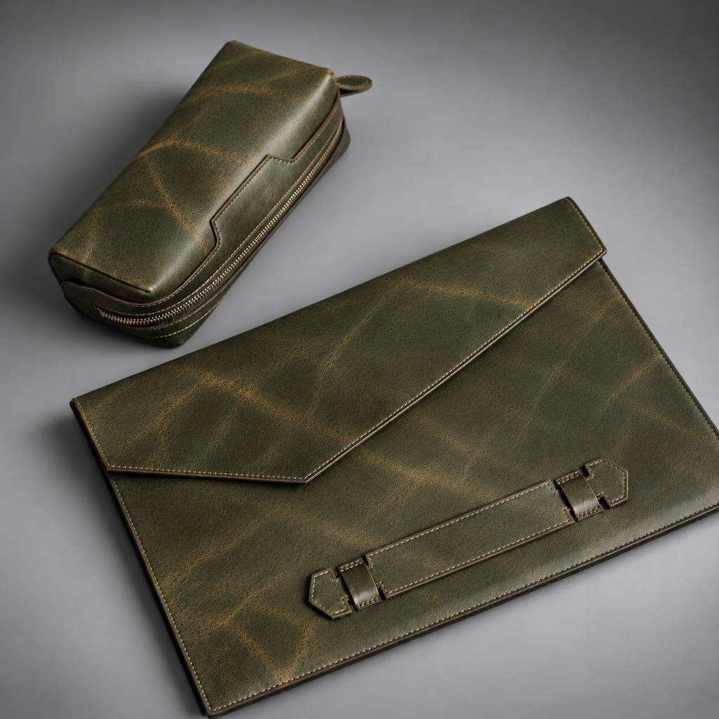 Olive green leather laptop sleeve and matching zippered accessory pouch