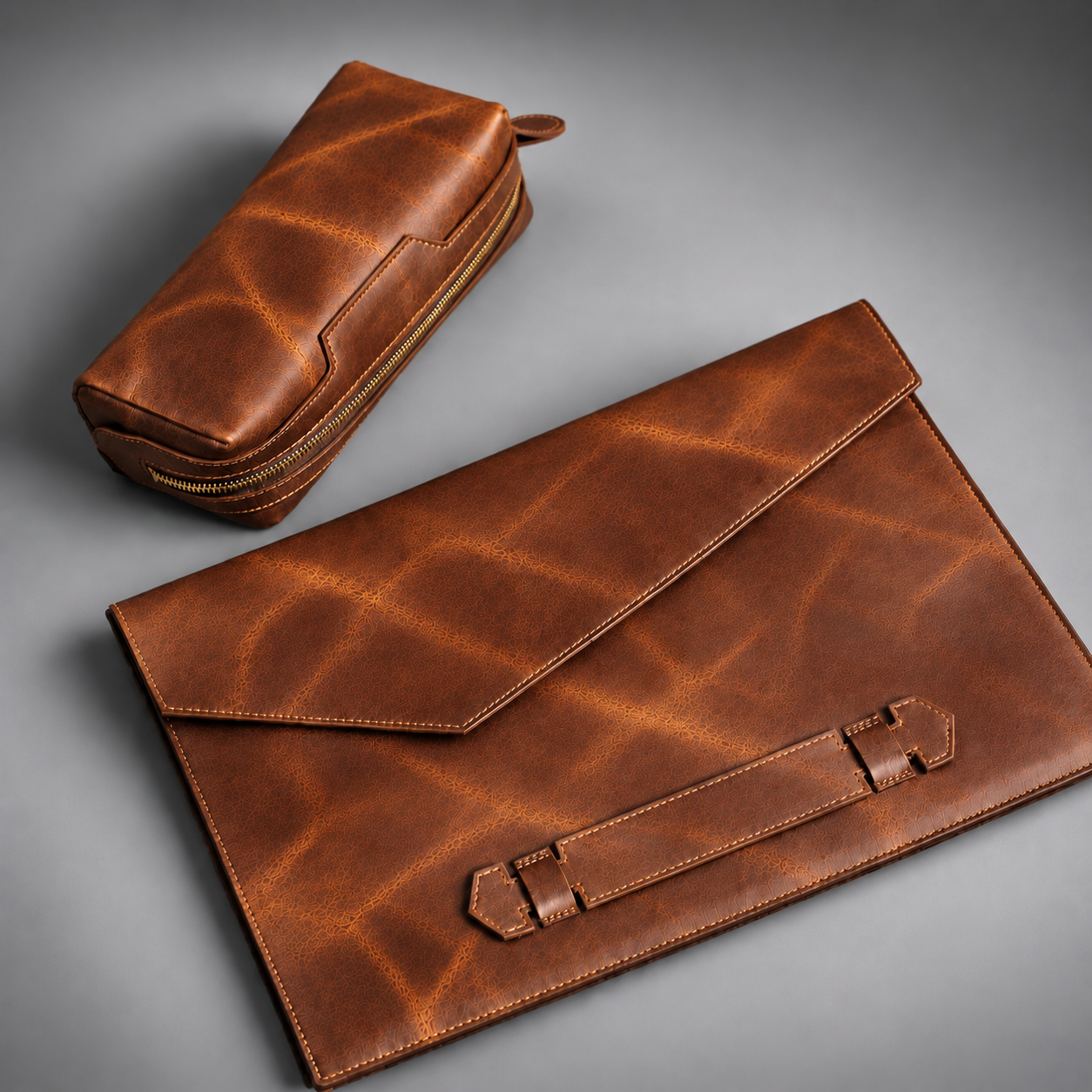 Tan two-piece leather laptop sleeve and zippered accessory pouch set