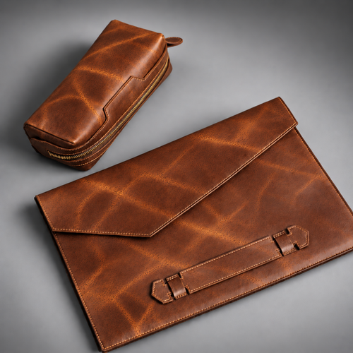 Tan two-piece leather laptop sleeve and zippered accessory pouch set