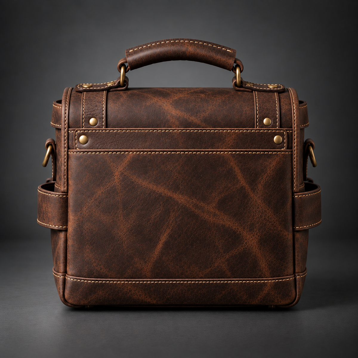 Back view of dark brown vintage leather camera messenger bag with large slip pocket