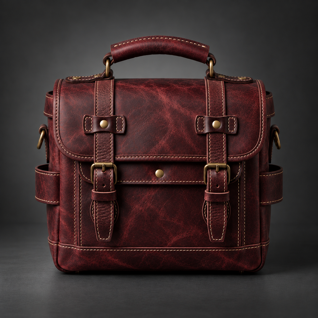 Burgundy vintage leather camera messenger bag front view