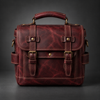 Burgundy vintage leather camera messenger bag front view