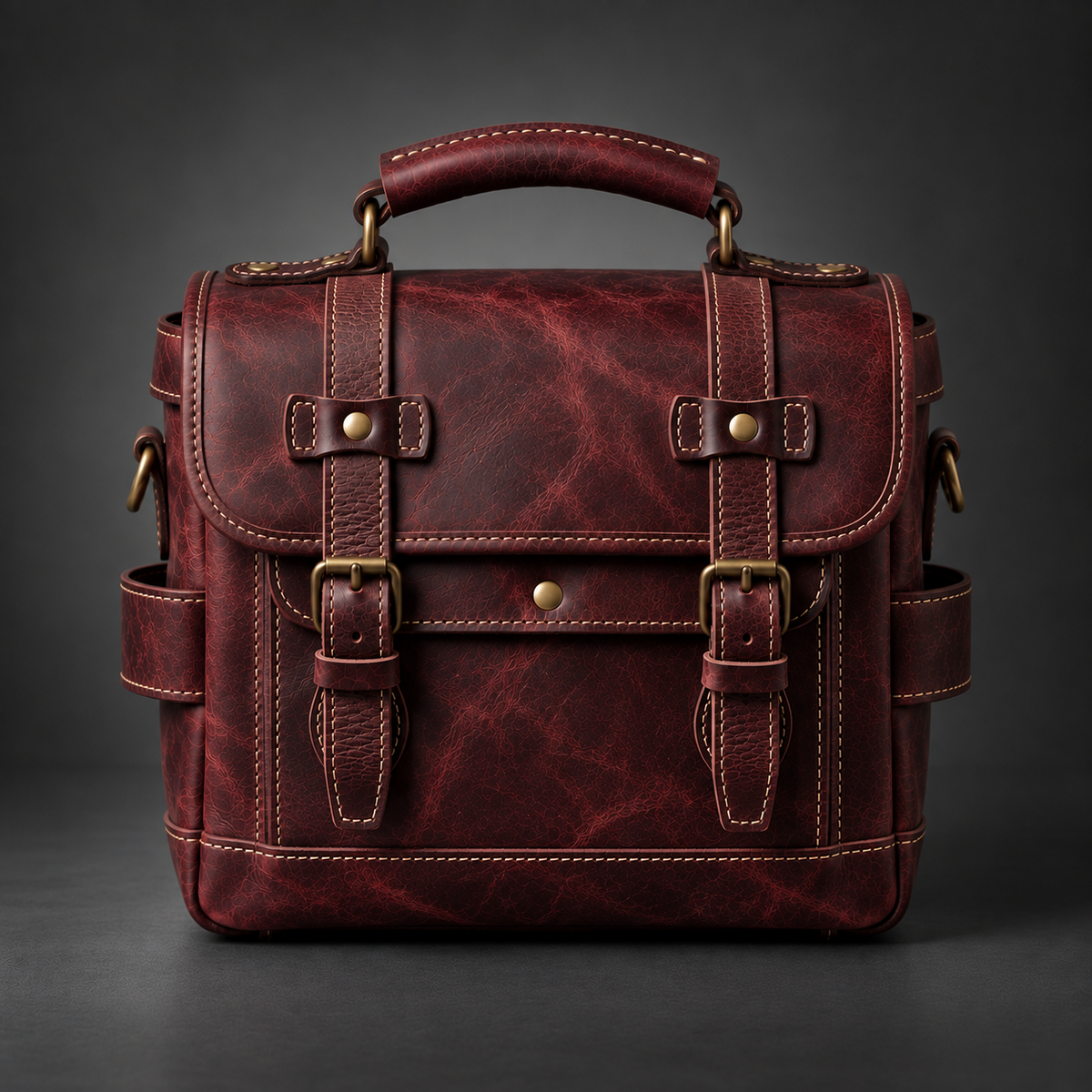 Burgundy vintage leather camera messenger bag front view