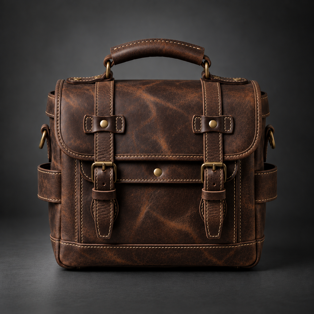 Dark brown vintage leather camera messenger bag front view