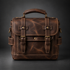 Dark brown vintage leather camera messenger bag front view