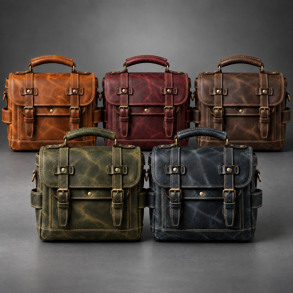 Vintage leather camera messenger bag in tan, burgundy, dark brown, olive green and navy blue