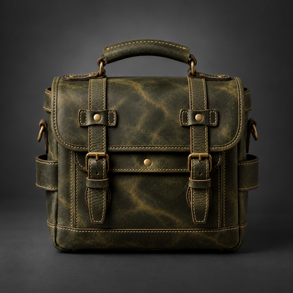 Olive green vintage leather camera messenger bag front view