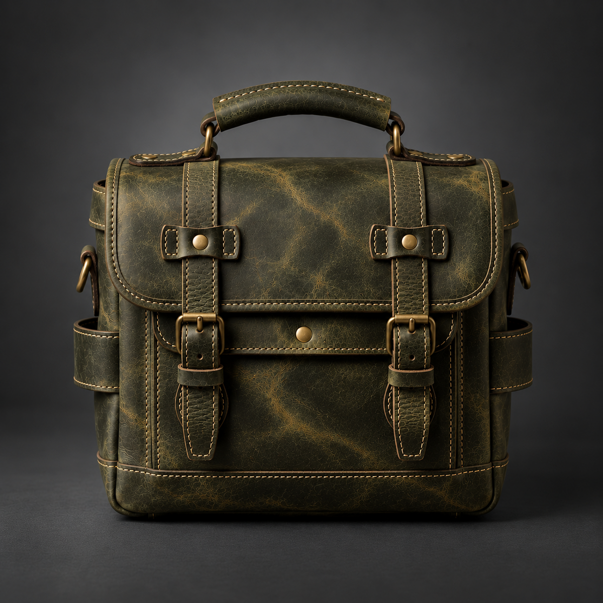 Olive green vintage leather camera messenger bag front view