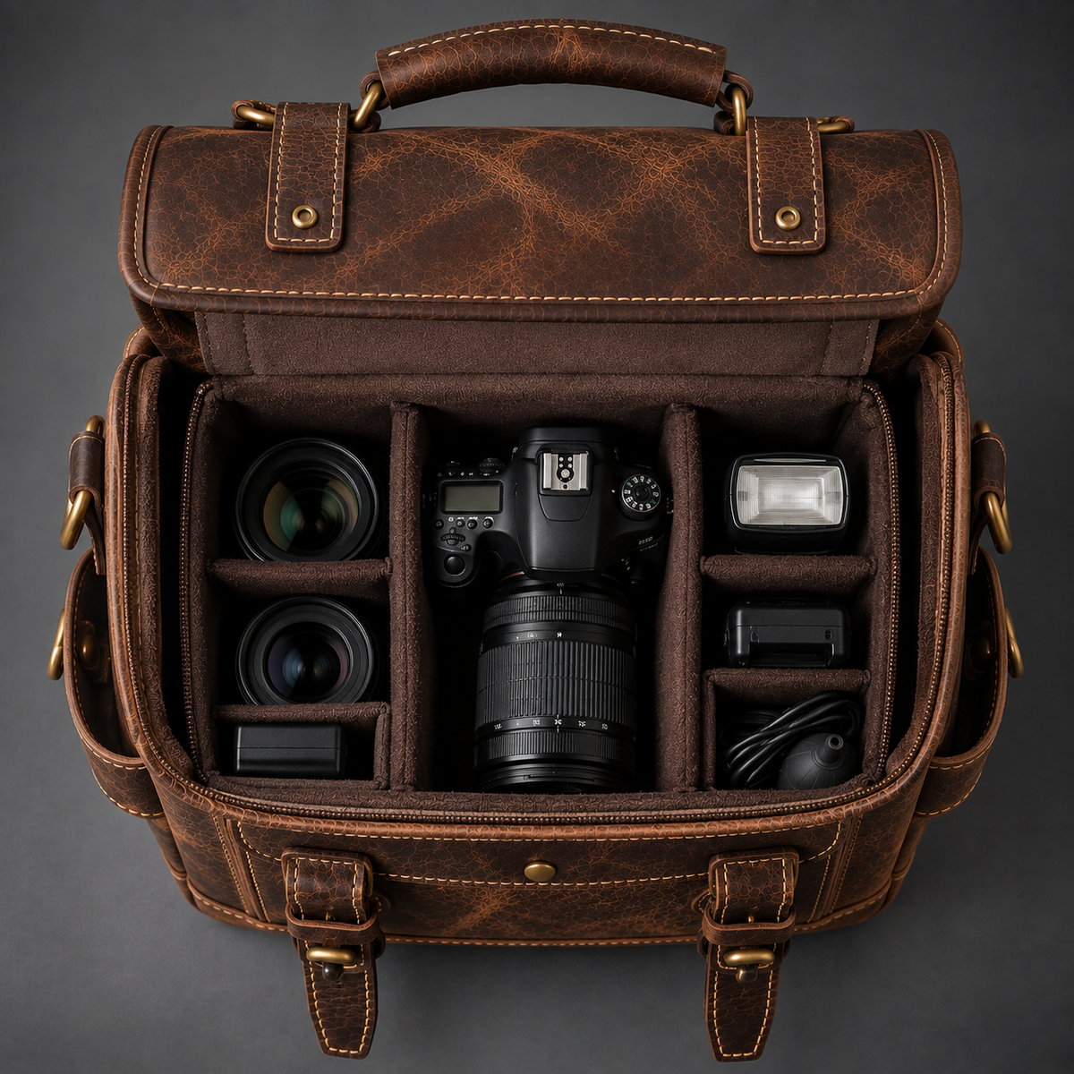 Open dark brown leather camera messenger bag with padded dividers for camera, lenses and accessories