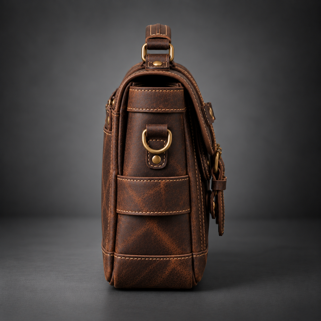 Side view of dark brown vintage leather camera messenger bag with accessory pocket