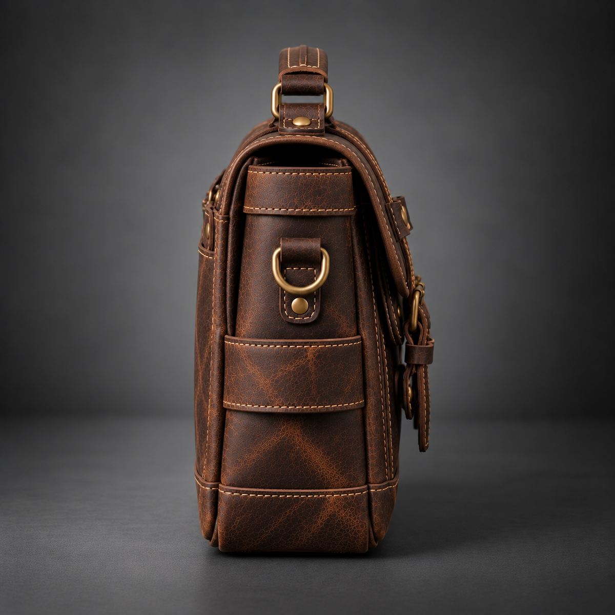 Side view of dark brown vintage leather camera messenger bag with accessory pocket