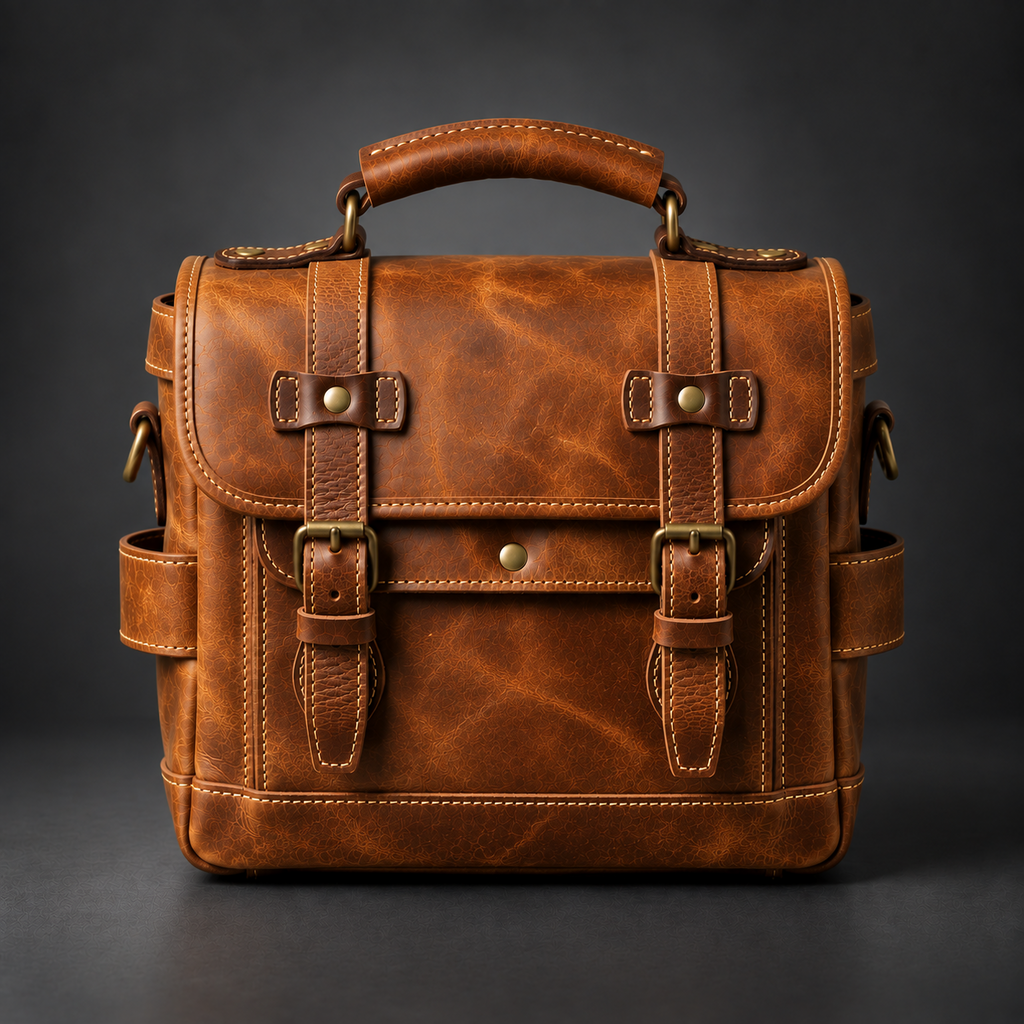 Tan vintage leather camera messenger bag front view with buckle straps and side pockets
