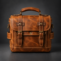 Tan vintage leather camera messenger bag front view with buckle straps and side pockets