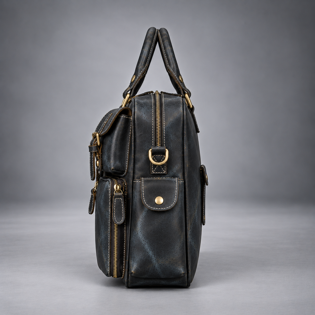 Side view of midnight blue leather laptop briefcase with side pockets and shoulder strap ring