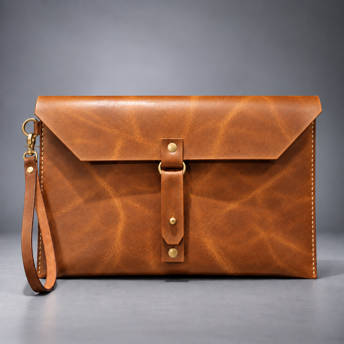 Tan vintage leather laptop and document sleeve front view with wrist strap