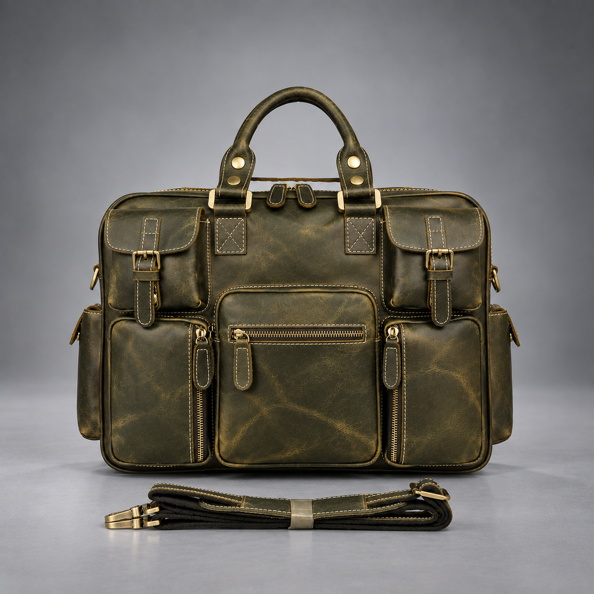 Olive green vintage multi-pocket leather laptop briefcase with brass-tone hardware