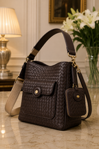 Dark brown woven leather shoulder bag | The Leather Factory
