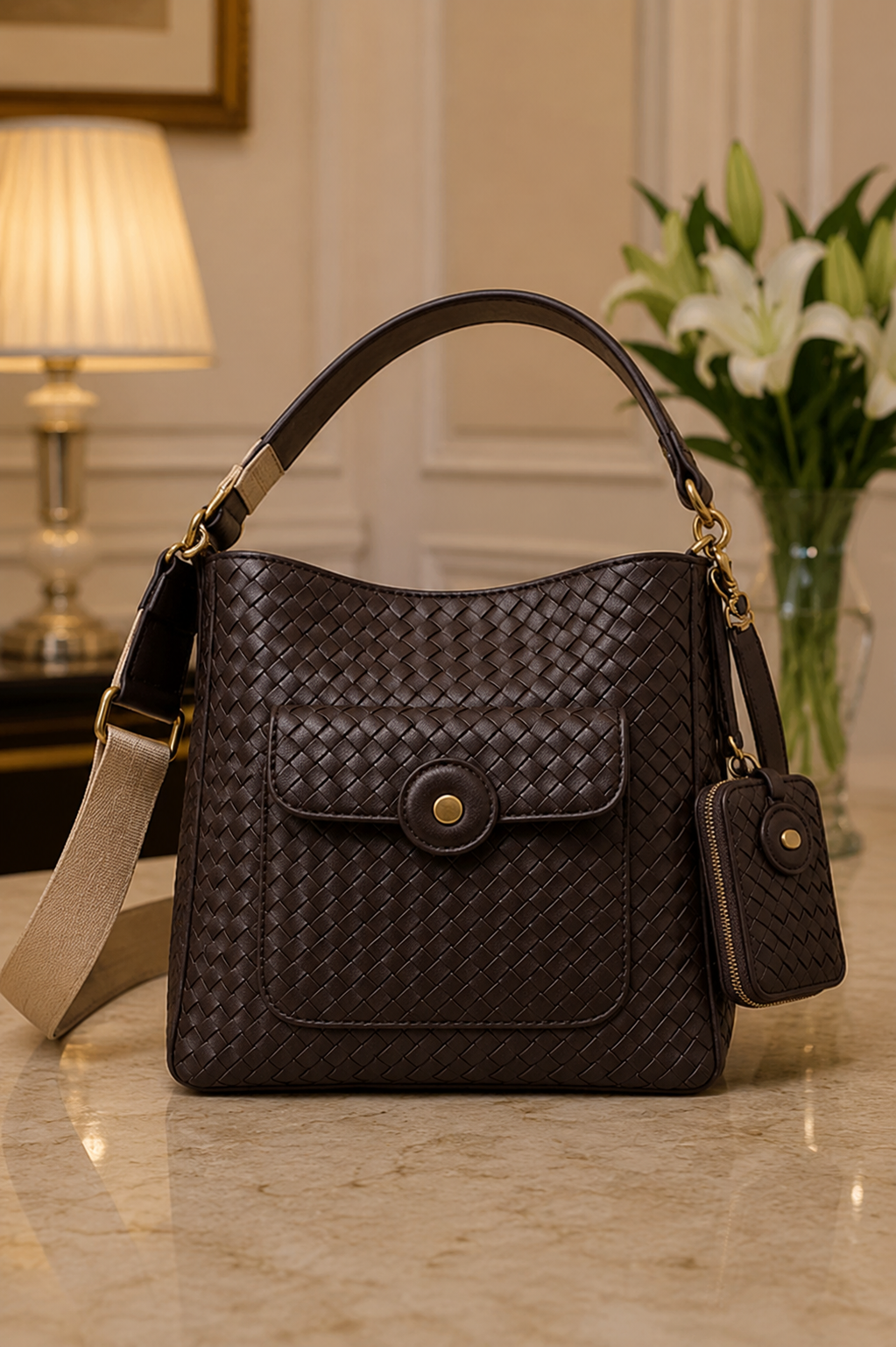 Open dark brown woven leather shoulder bag | The Leather Factory