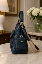 Navy woven leather shoulder bag with detachable pouch | The Leather Factory