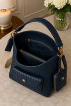 Side view of navy woven leather shoulder bag | The Leather Factory