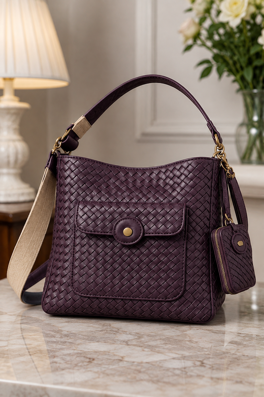 Plum woven leather texture and front pocket detail | The Leather Factory