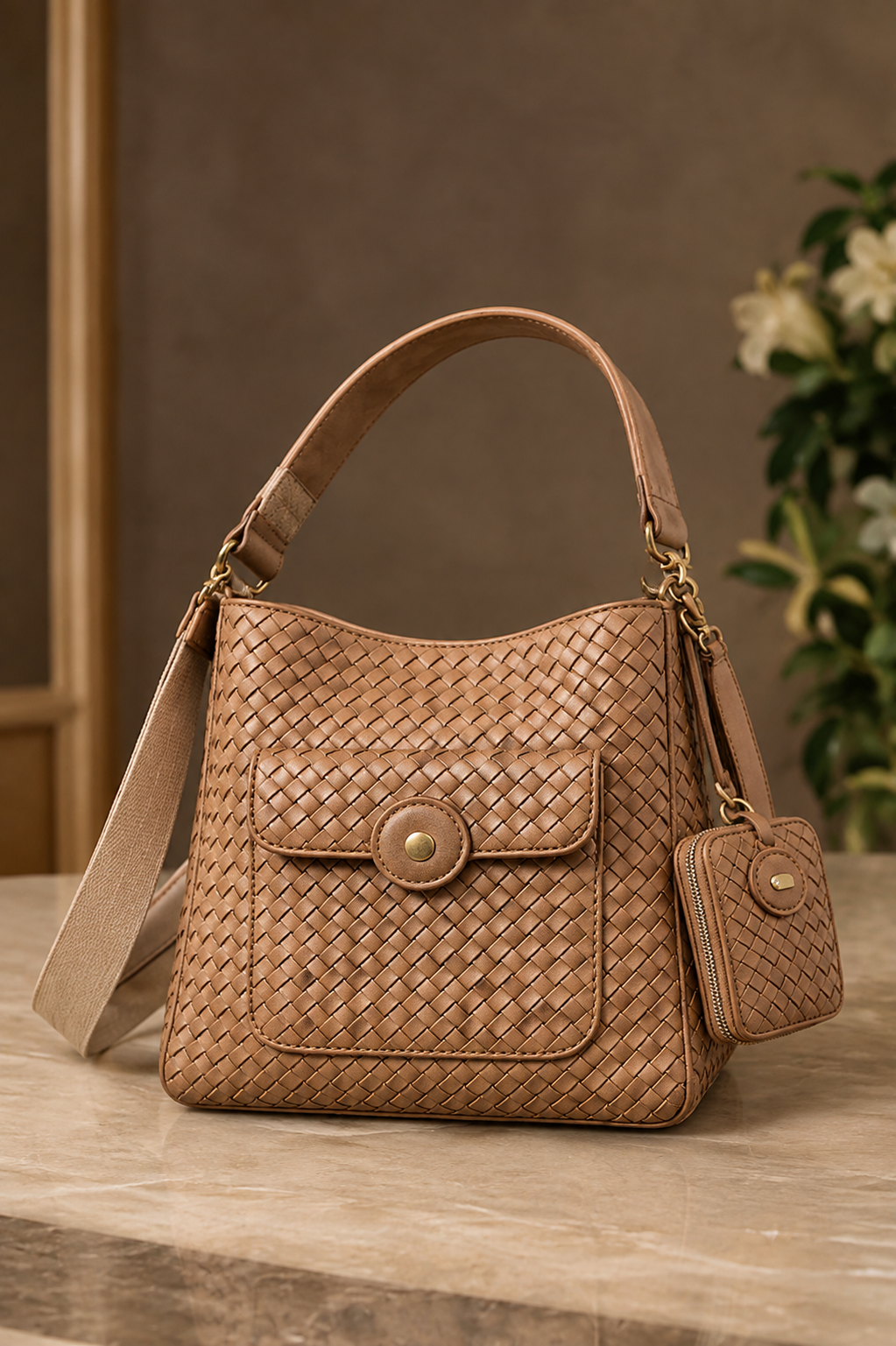 Tan woven leather shoulder bag | The Leather Factory