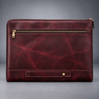 Back view of burgundy leather laptop portfolio with zip pocket