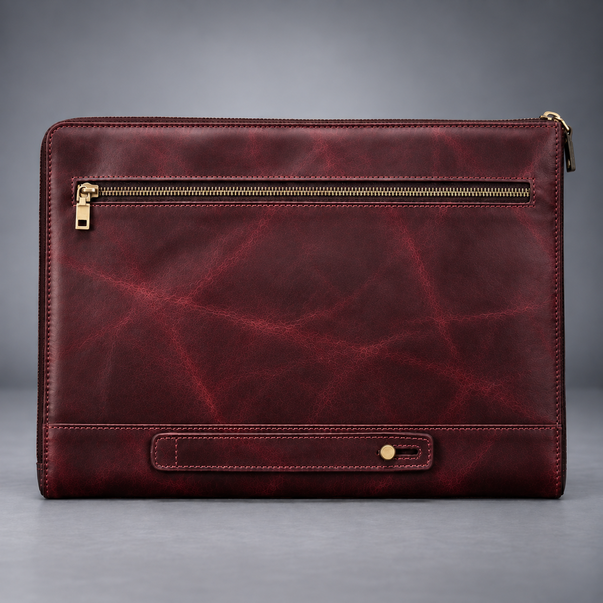 Back view of burgundy leather laptop portfolio with zip pocket