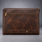 Back view of dark brown vintage leather laptop portfolio sleeve