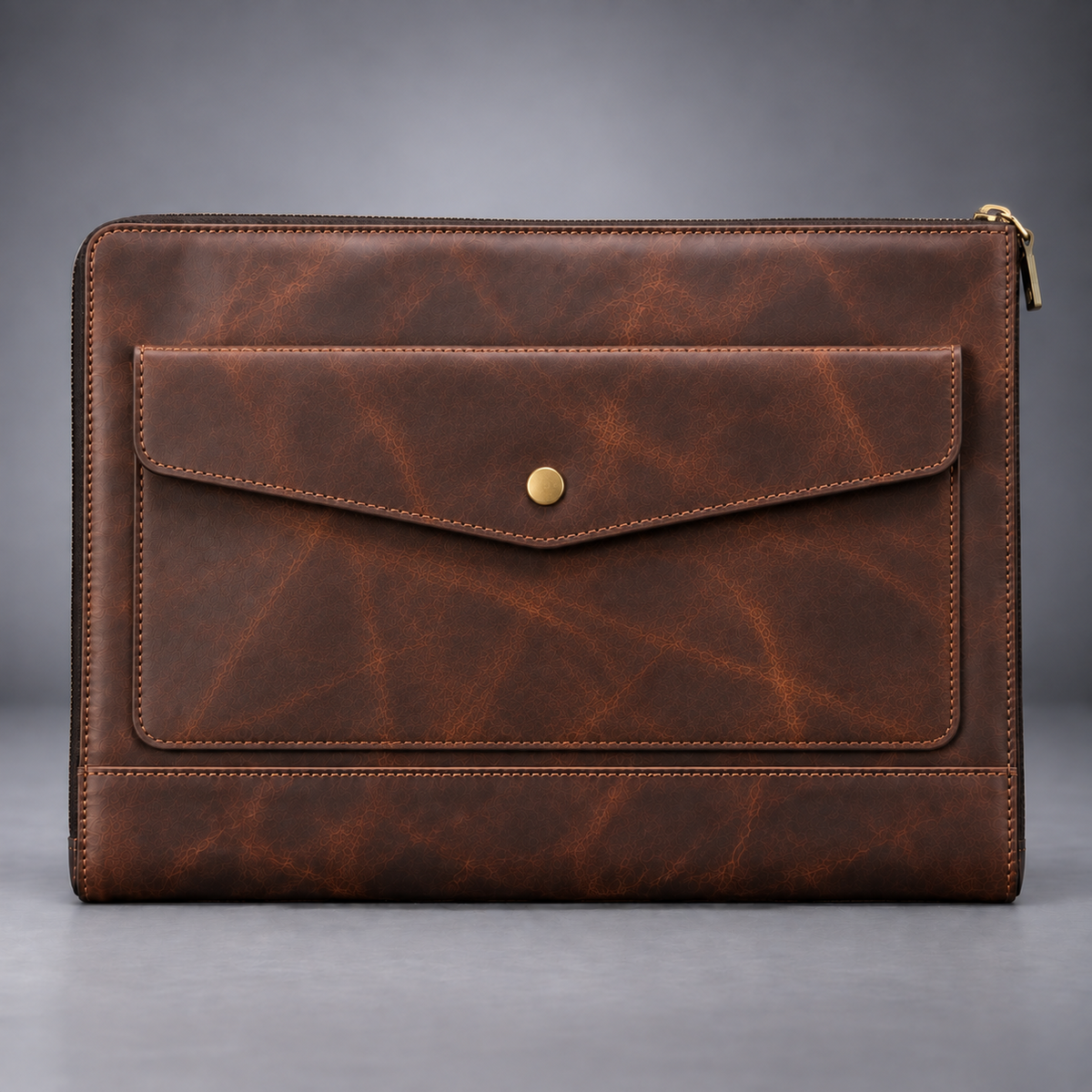 Dark brown zip-around leather laptop portfolio front view with envelope pocket