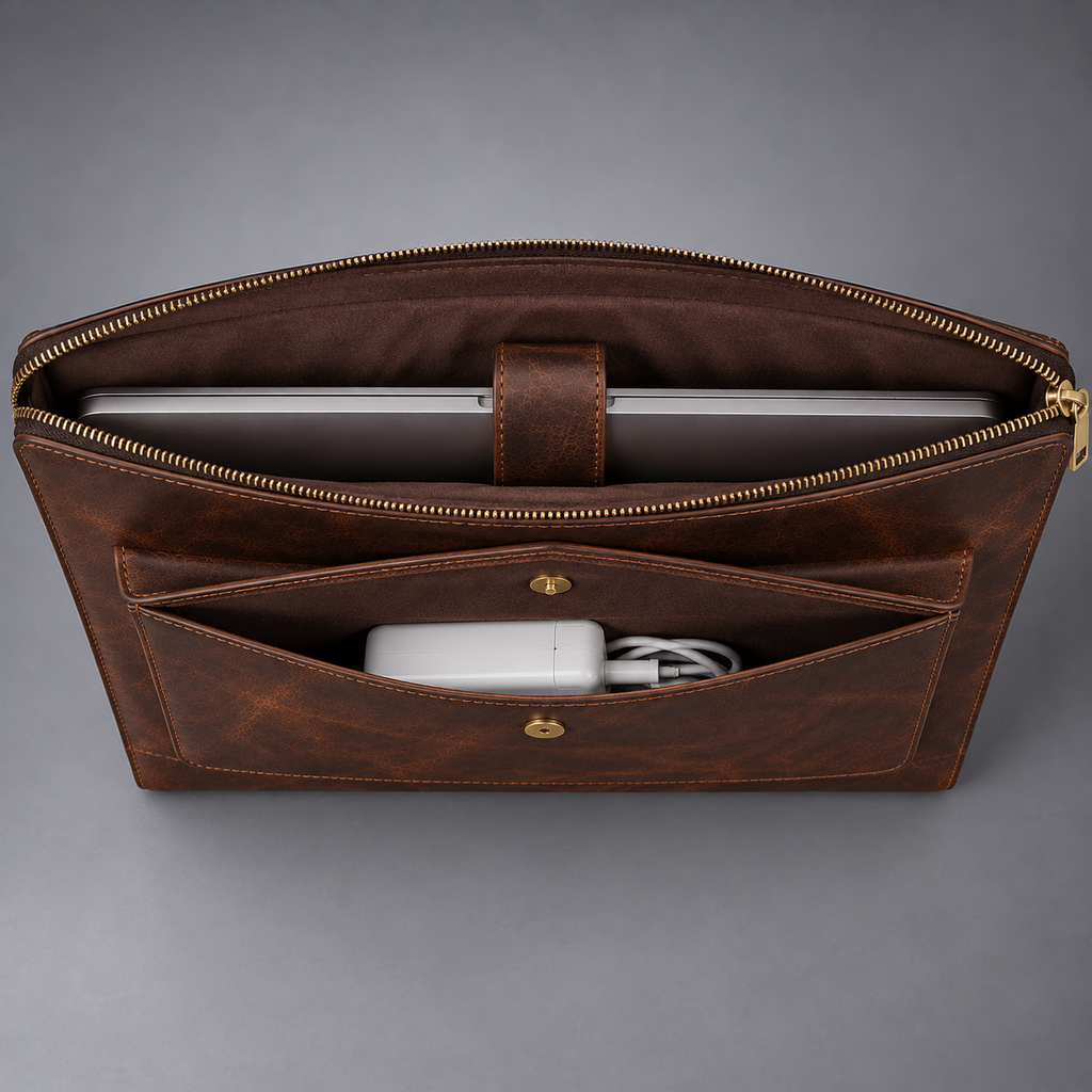 Open dark brown leather laptop portfolio with securing tab and front accessory pocket