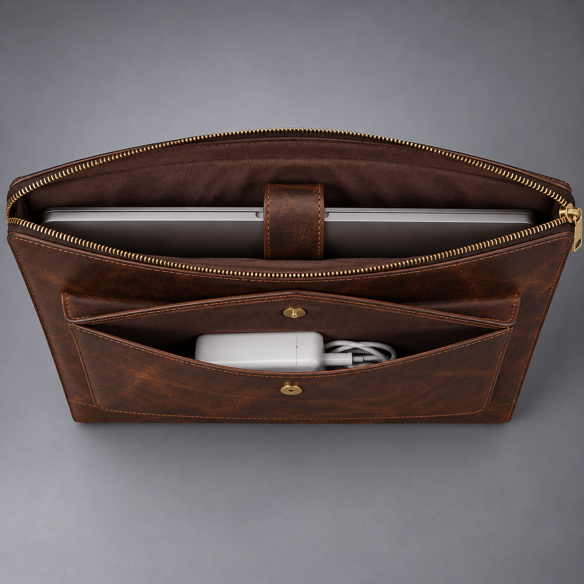 Open dark brown leather laptop portfolio with securing tab and front accessory pocket