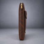 Side profile of slim dark brown zip-around leather laptop portfolio