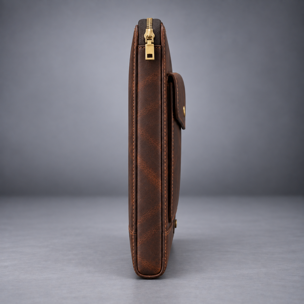 Side profile of slim dark brown zip-around leather laptop portfolio