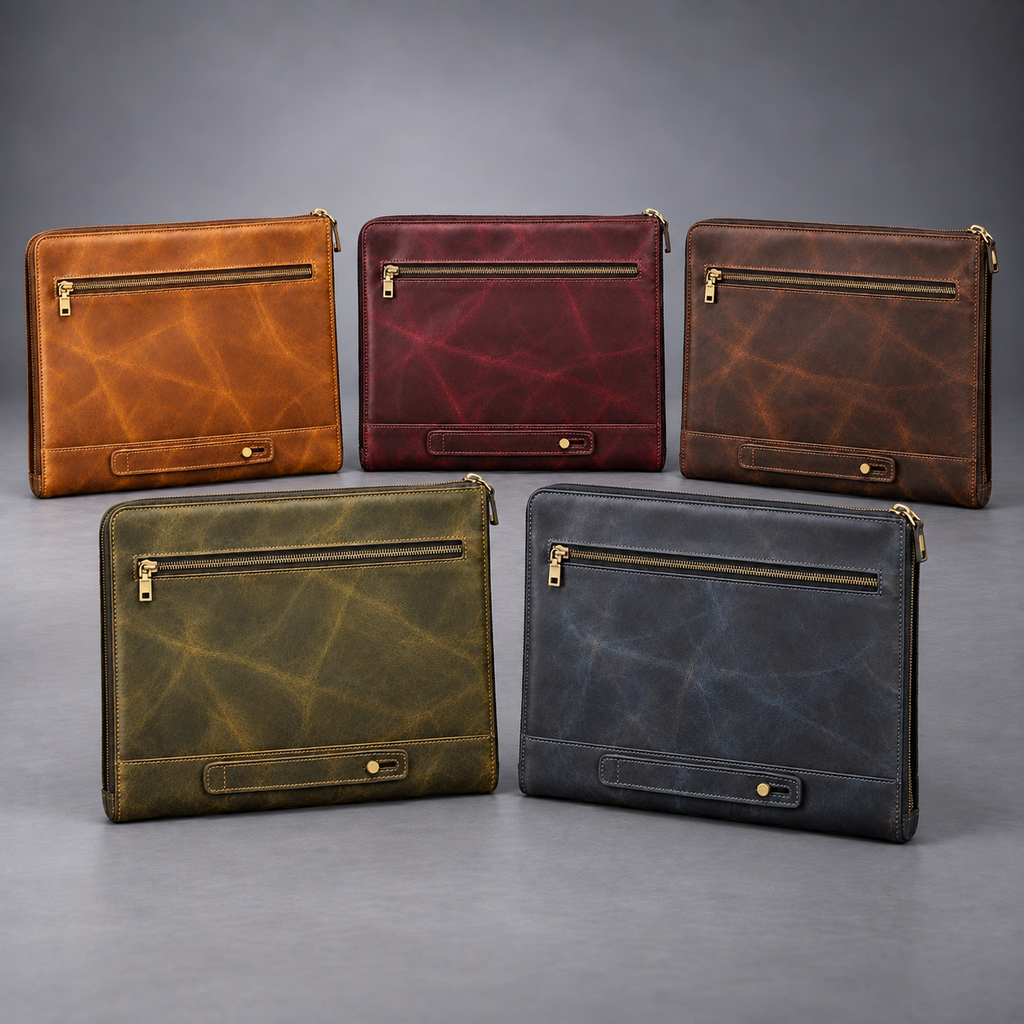 Zip-around vintage leather laptop portfolio in tan, burgundy, dark brown, olive green and midnight blue