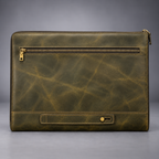 Back view of olive green leather laptop portfolio with brass-tone zipper