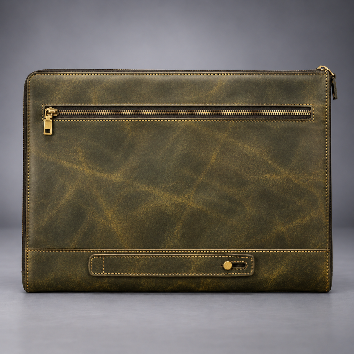 Back view of olive green leather laptop portfolio with brass-tone zipper