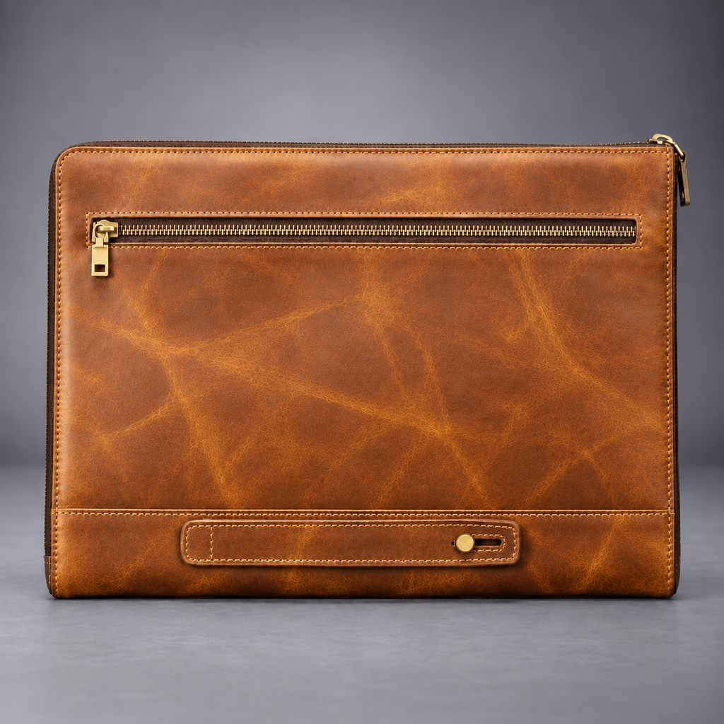 Back view of tan leather laptop portfolio with zip pocket and carry strap
