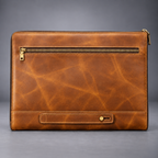Back view of tan leather laptop portfolio with zip pocket and carry strap